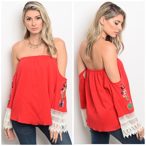 LAST Red Embroidered Off Shoulder Top - Picture 3 of 3
